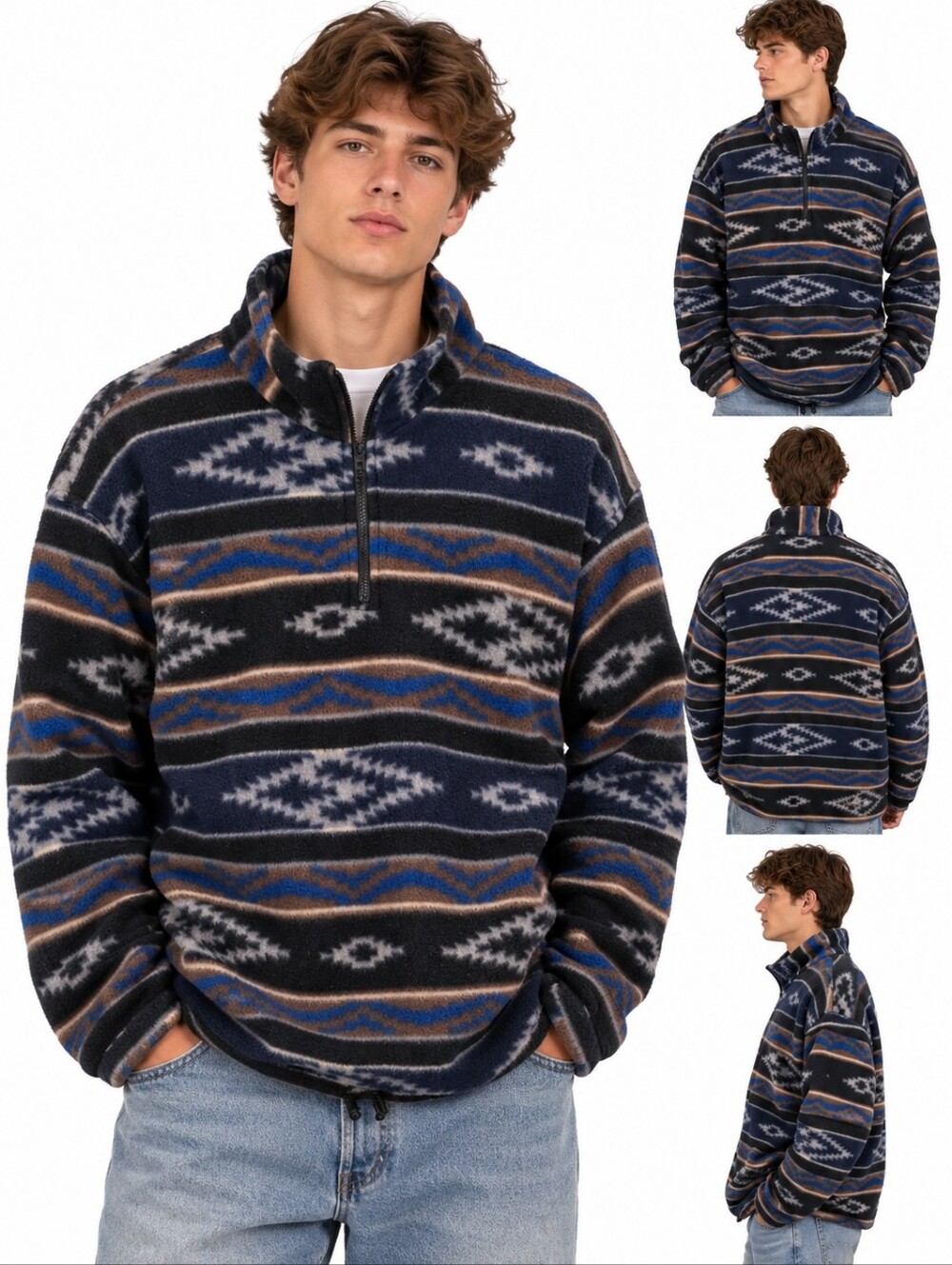 Northwest Territory XL Southwestern Fleece Quarter Zip Pullover Blue Brown